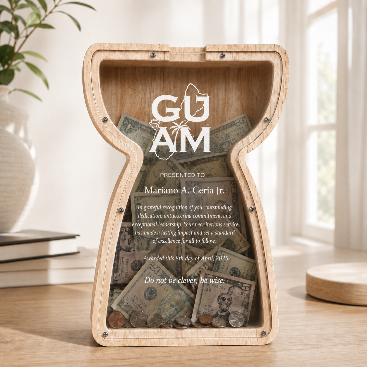 The personalized latte stone wooden savings piggy bank displayed on a table, filled with dollar bills visible behind the clear acrylic front panel custom printed with 'GUAM' branding.