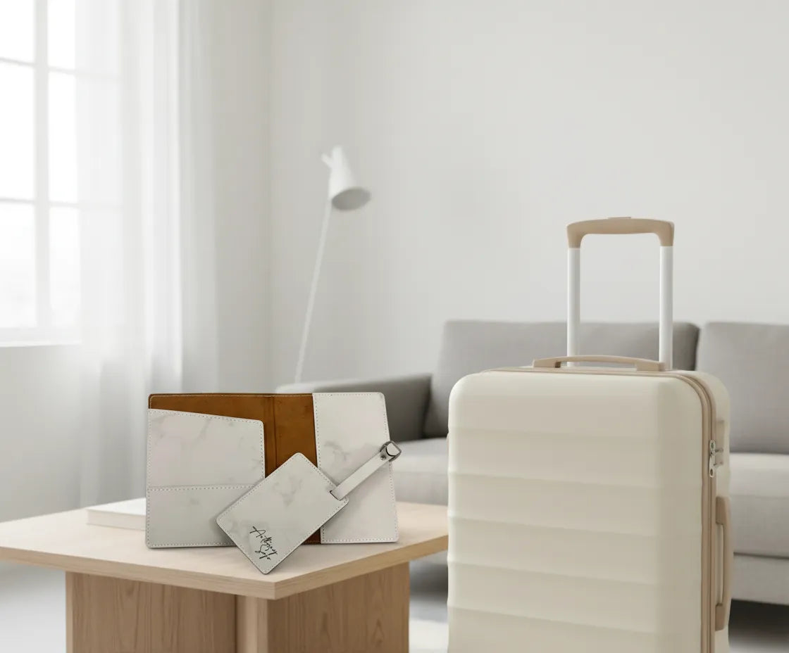 An elegant white hard-case rolling suitcase standing in a bright minimalist hotel room corner, with a matching customized leather passport wallet pack resting nearby on an accent bench.