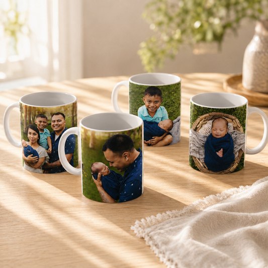 10oz personalized photo coffee mugs printed with custom family photos, perfect for personalized gifts, birthdays, anniversaries, Mother's Day, Father's Day, and cherished keepsakes.