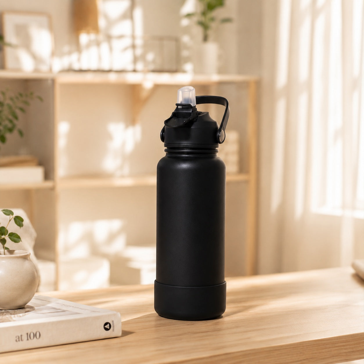 Black 32oz stainless steel water bottle with flip straw cap and protective silicone bottom boot