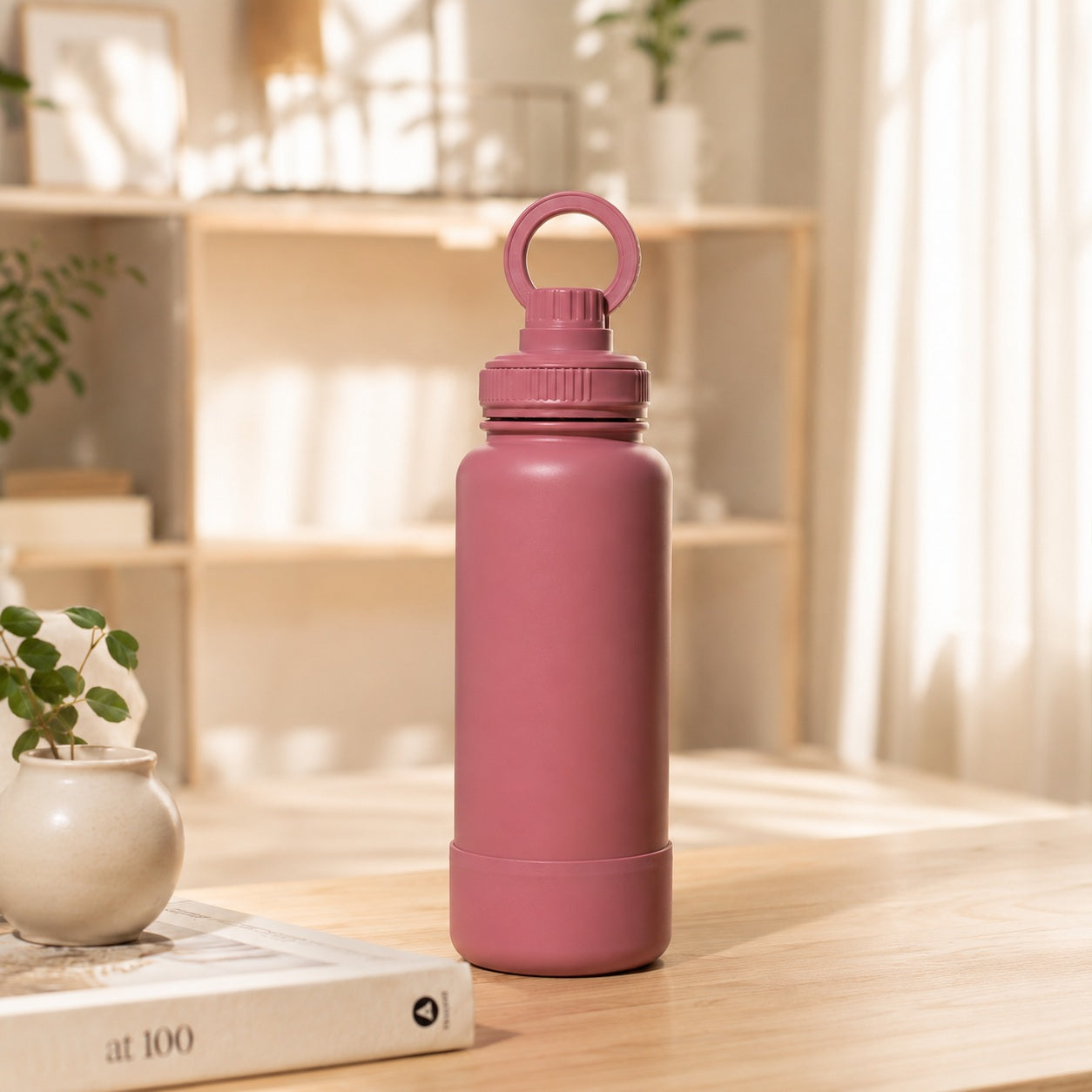 Mauve 32oz personalized stainless steel water bottle with built-in magnetic phone mount lid