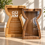 7.5-inch wooden Latte Stone shadow box bank in light and dark wood finishes, shown side by side with a clear acrylic front and customizable display area.