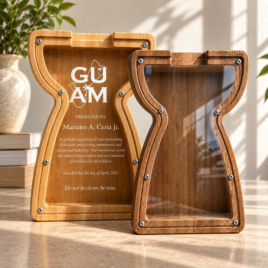 7.5-inch wooden Latte Stone shadow box bank in light and dark wood finishes, shown side by side with a clear acrylic front and customizable display area.