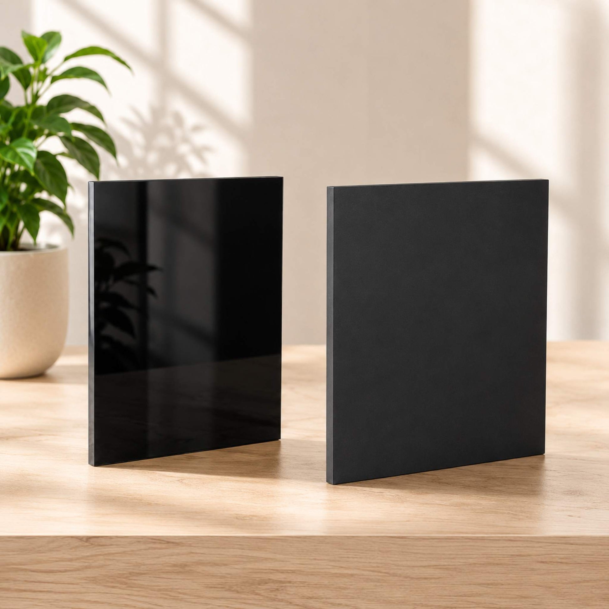 Gloss black and matte black acrylic panels for custom signage displayed in premium interior setting