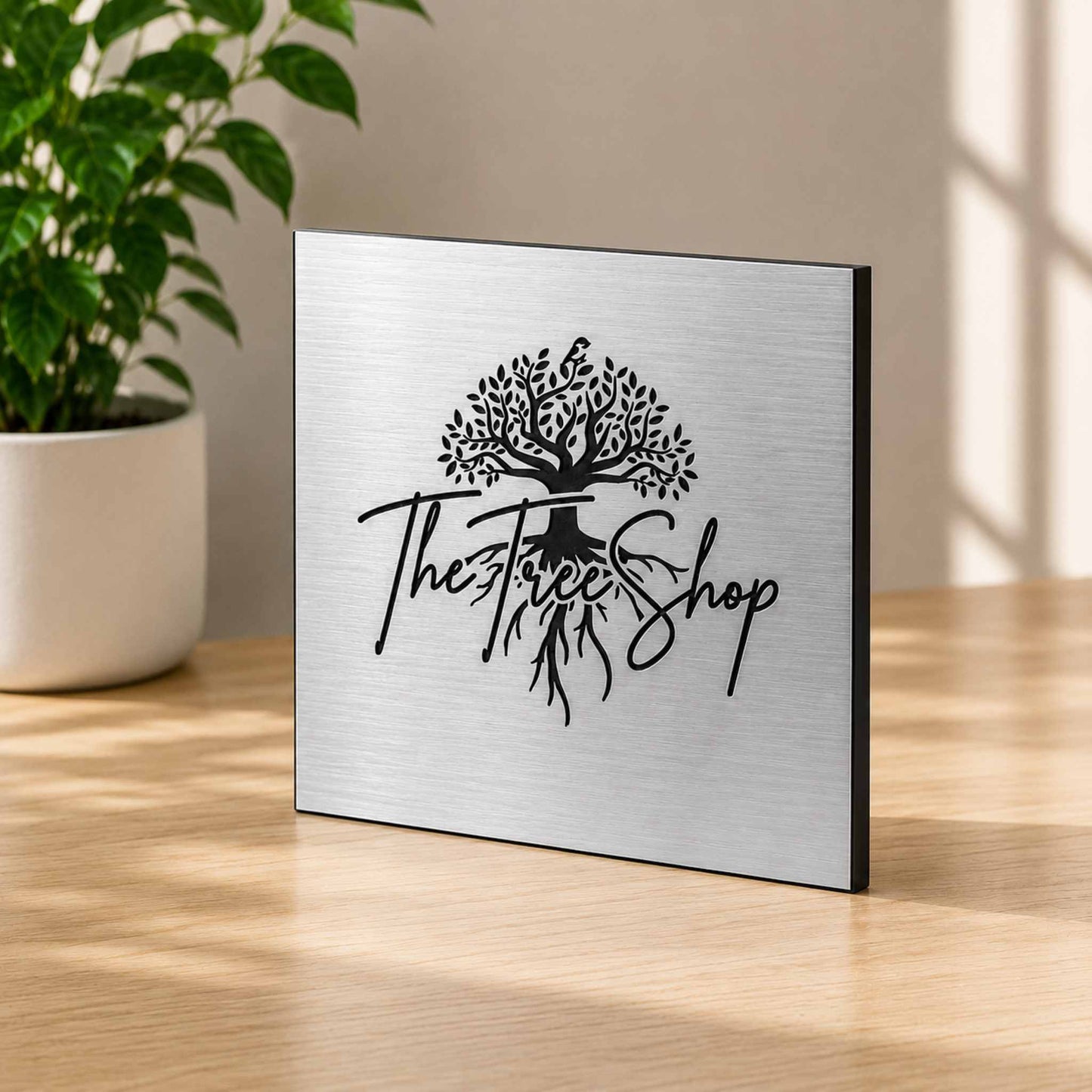 Brushed silver metal plaque with engraved logo on light oak table in premium lifestyle setting