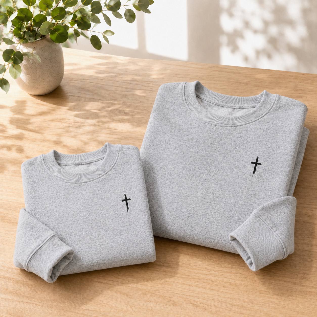 Two folded light gray crewneck sweatshirts with small black embroidered crosses on the chest, displayed on a light wood table with a potted plant in the background.