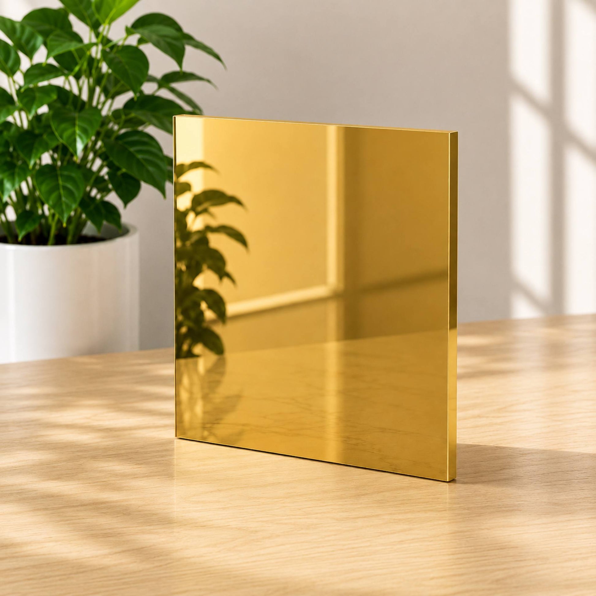 Polished gold mirror metal plaque reflecting natural light in luxury tabletop display