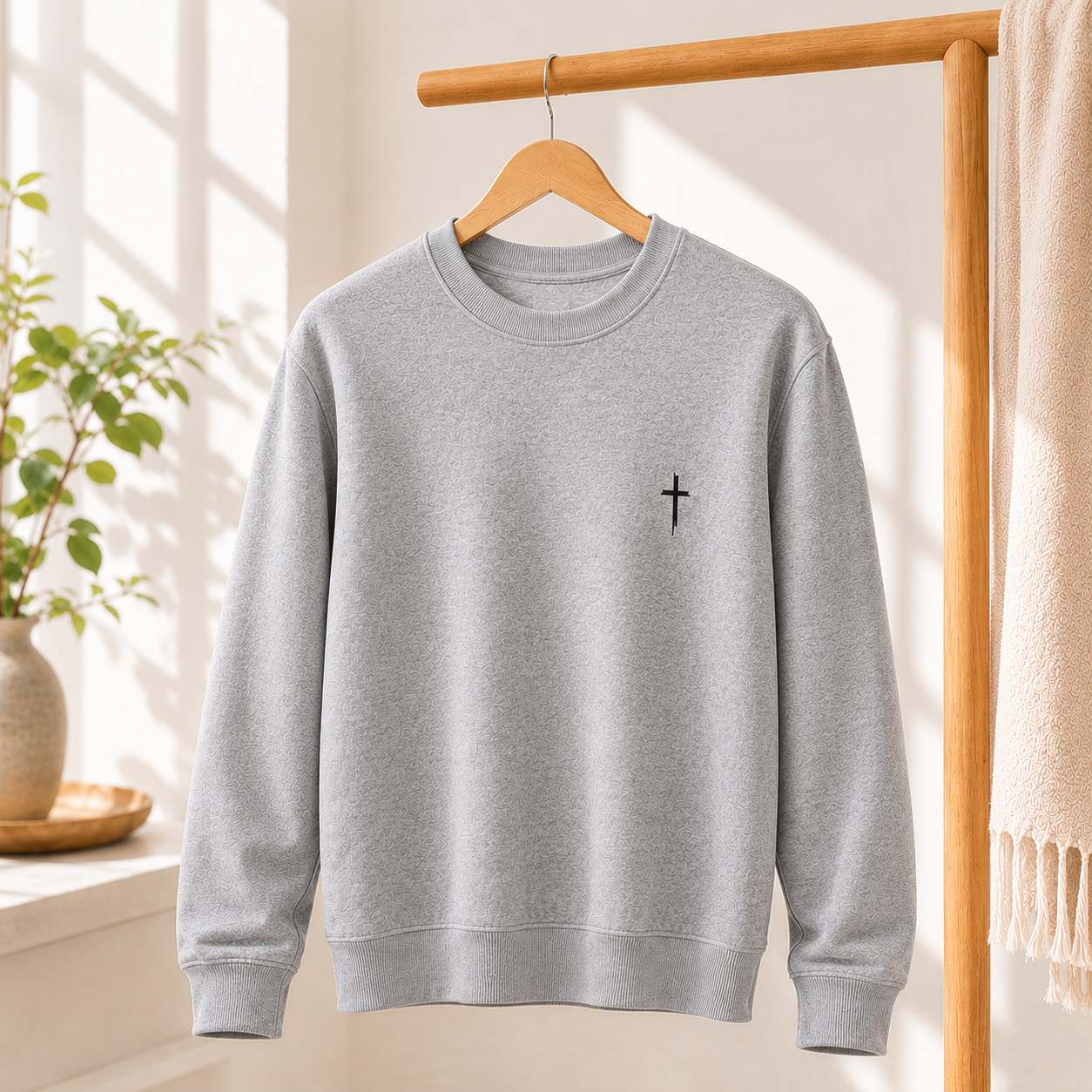 A light gray crewneck sweatshirt with a small black cross embroidered on the left chest, hanging on a wooden hanger from a wooden clothing rack in a bright, sunlit room.