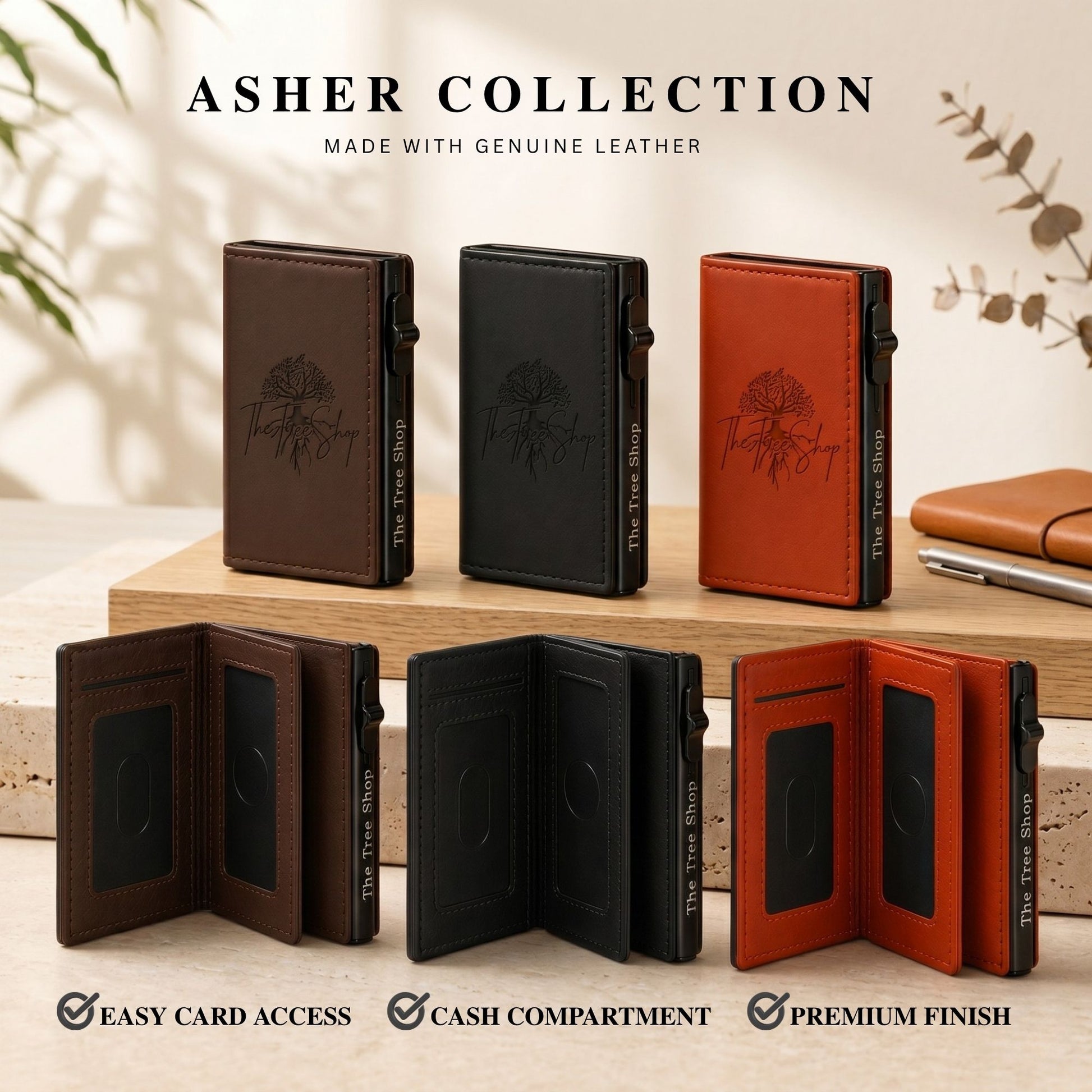 A product layout showcasing the Asher Collection premium genuine leather pop-up wallets in dark brown, classic black, and tan orange, displayed both closed upright and open flat to highlight the card access slots, cash compartment, and custom laser-engraved tree design on a wooden workspace.