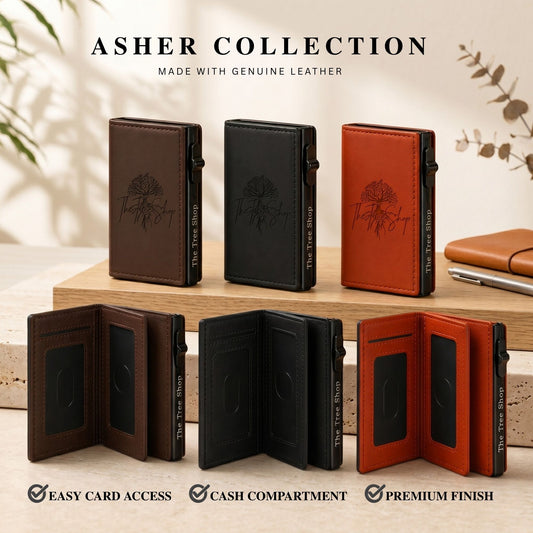 A product layout showcasing the Asher Collection premium genuine leather pop-up wallets in dark brown, classic black, and tan orange, displayed both closed upright and open flat to highlight the card access slots, cash compartment, and custom laser-engraved tree design on a wooden workspace.