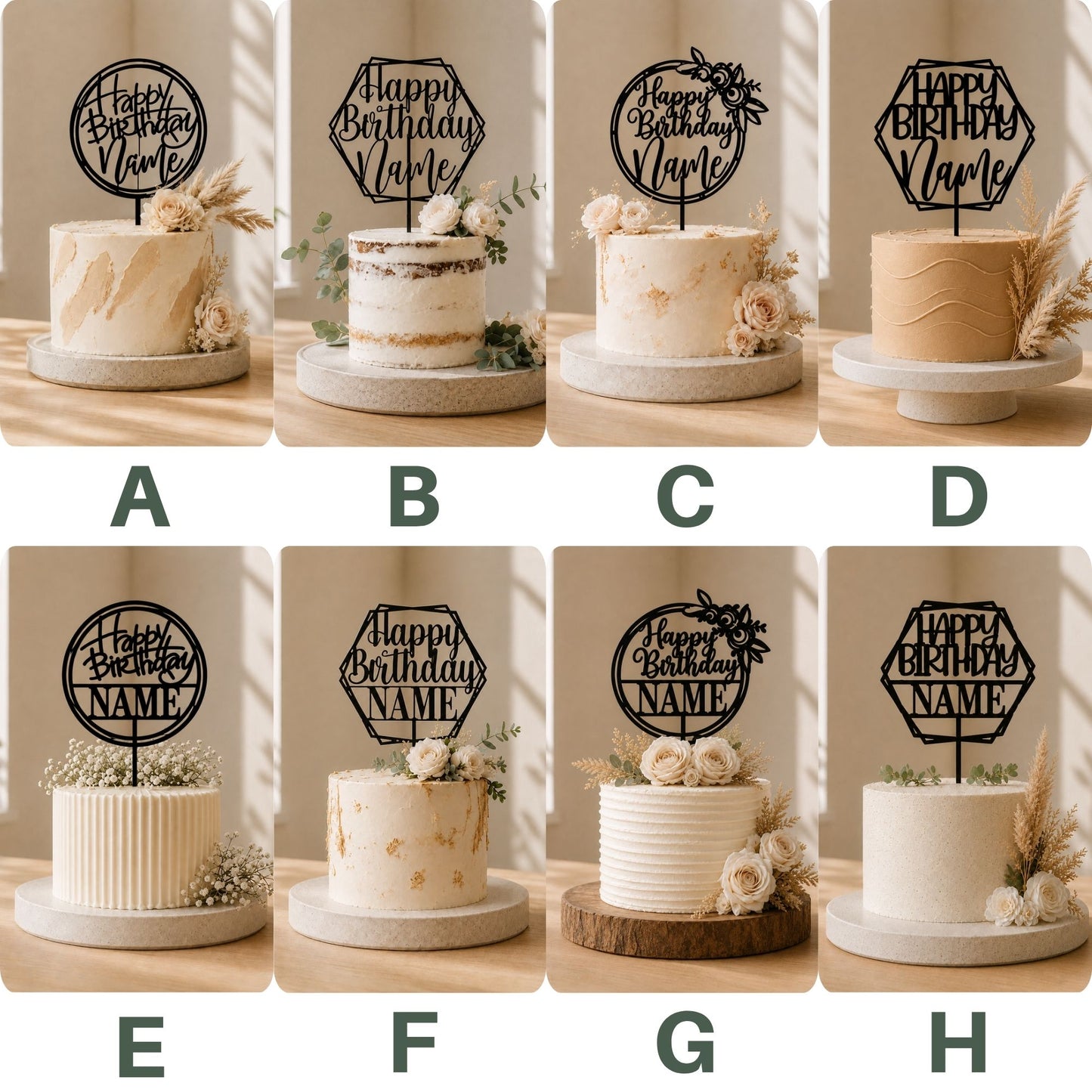 A 2x4 collage showcasing eight customized black acrylic birthday cake topper designs, labeled A through H. Designs A to D feature elegant cursive names integrated within circular or geometric structures adorned with delicate florals. Designs E to H utilize a bold, all-caps serif typeface anchored onto clean horizontal layout bars within matching geometric silhouettes. Each cake topper is styled beautifully on an independent minimalist cake display.
