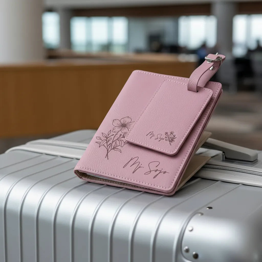 A personalized blush pink PU leather passport wallet and luggage tag combo with custom name and leaf line art engravings, resting on a silver aluminum hard-shell rolling suitcase.