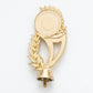A shiny gold trophy topper insert component featuring a minimalist circular emblem disc framed beautifully by an asymmetric laurel leaf branch design.