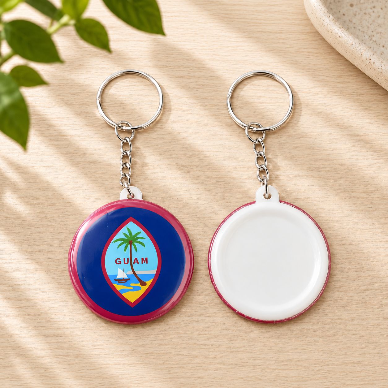 Custom 1.65-inch round keychain with full-color personalized printing, ideal for business branding, promotional giveaways, wedding favors, Guam souvenirs, and custom gifts.