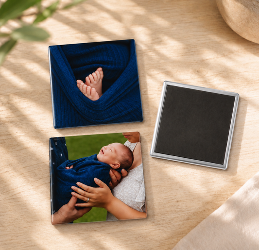 Custom 2.5-inch square photo magnet featuring personalized family photos, perfect for refrigerator magnets, wedding favors, baby keepsakes, memorial gifts, and custom photo souvenirs.