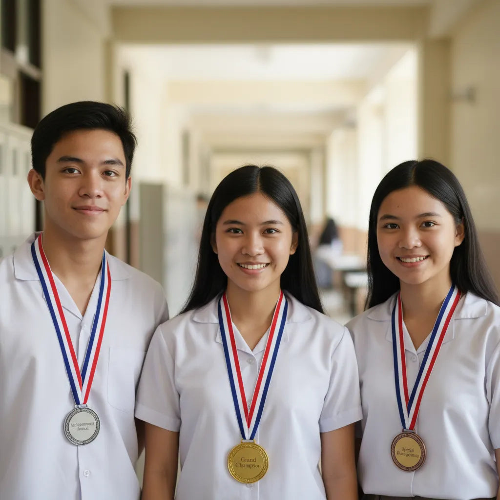 Three smiling school students standing together in a bright hallway wearing their personalized custom graduation or academic honor medals with patriotic red, white, and blue neck necklines.