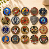 Collection of custom challenge coins featuring military, law enforcement, fire department, and corporate designs with colorful enamel finishes and detailed metal craftsmanship for recognition awards and commemorative keepsakes.