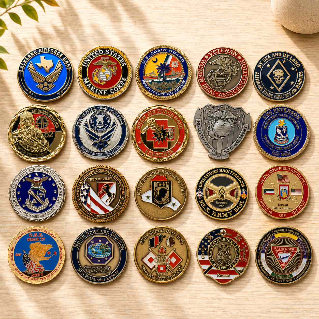 Collection of custom challenge coins featuring military, law enforcement, fire department, and corporate designs with colorful enamel finishes and detailed metal craftsmanship for recognition awards and commemorative keepsakes.