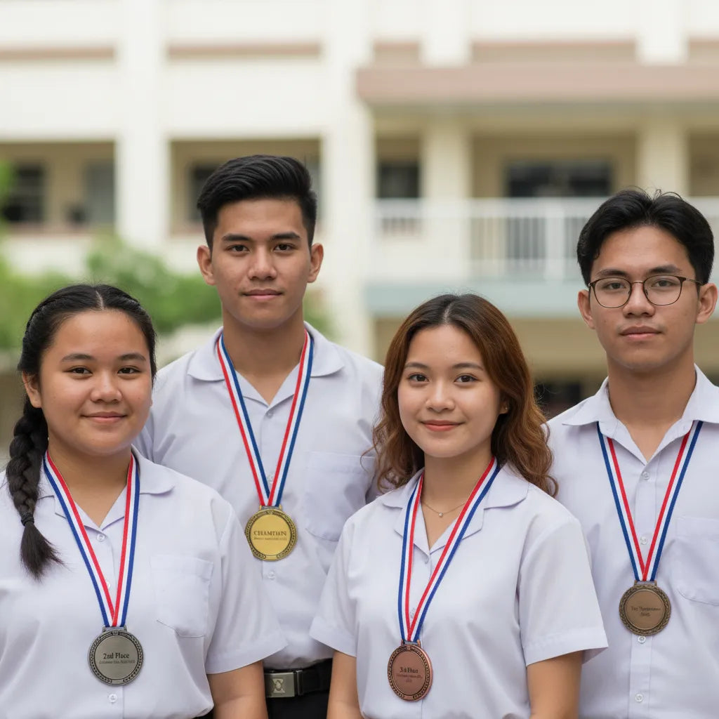 Four smiling school students standing together proudly outdoors wearing their personalized custom double-sided academic honor medallions with matching green neck ribbons.