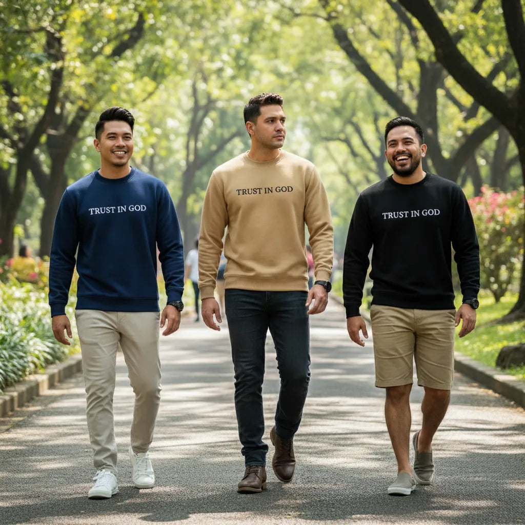 Three men walking down a sunny park path lined with green trees, showcasing the 'TRUST IN GOD' white embroidered text on navy blue, sand tan, and classic black crewneck sweaters.