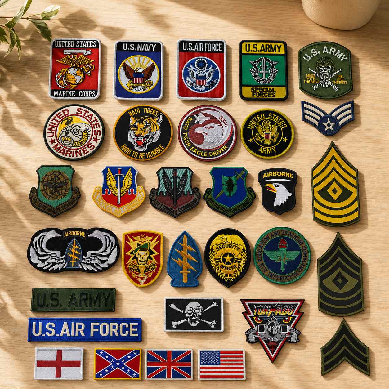 Collection of custom embroidered and PVC patches featuring military, law enforcement, sports, corporate, and organizational designs for uniforms, tactical gear, backpacks, hats, jackets, and promotional apparel.