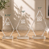Custom engraved diamond-shaped crystal plaques in 8.75-inch, 10-inch, and 11-inch sizes, ideal for employee recognition, corporate awards, achievement plaques, and personalized appreciation gifts.