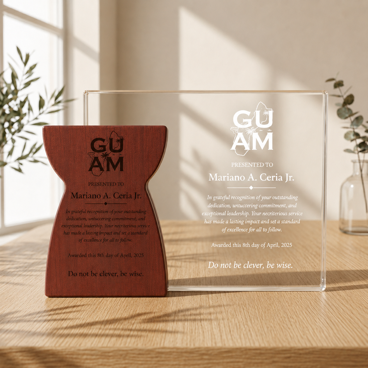 A custom engraved crystal glass achievement plaque paired with a laser-etched solid wood latte stone award displaying military appreciation text, set on a modern wooden office desk under natural window light.