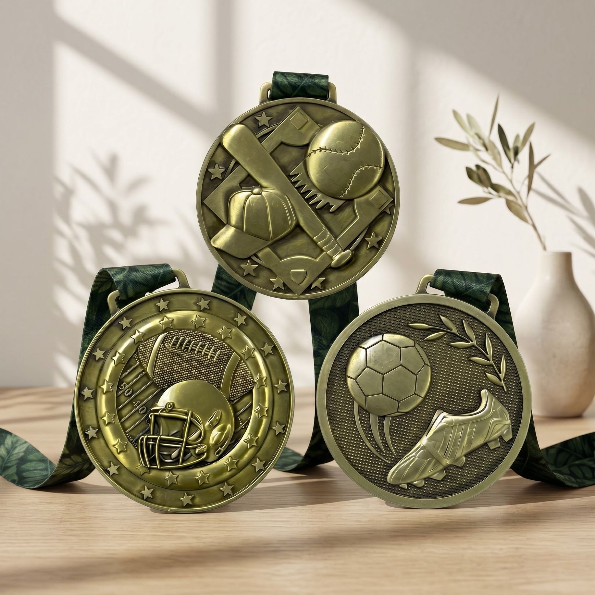 Three premium antique gold custom sports medallions featuring detailed high-relief 3D designs for football, baseball, and soccer, arranged upright with dark green patterned neck ribbons on a wooden display table.