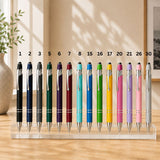 Collection of custom engraved stylus pens in multiple colors with touch-screen stylus tips, ideal for corporate gifts, promotional giveaways, employee appreciation, business branding, and personalized engraving.