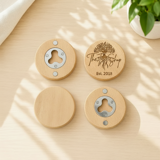 Four round custom laser-engraved wooden magnet bottle openers shown from multiple angles, highlighting the natural wood grain top with a tree logo engraving, the flat wooden side, the built-in circular magnet, and the stainless steel metal opener insert.