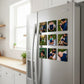 Side angle view of a stainless steel refrigerator decorated with a grid of nine personalized square glossy photo magnets showcasing family travel memories next to a bright window.