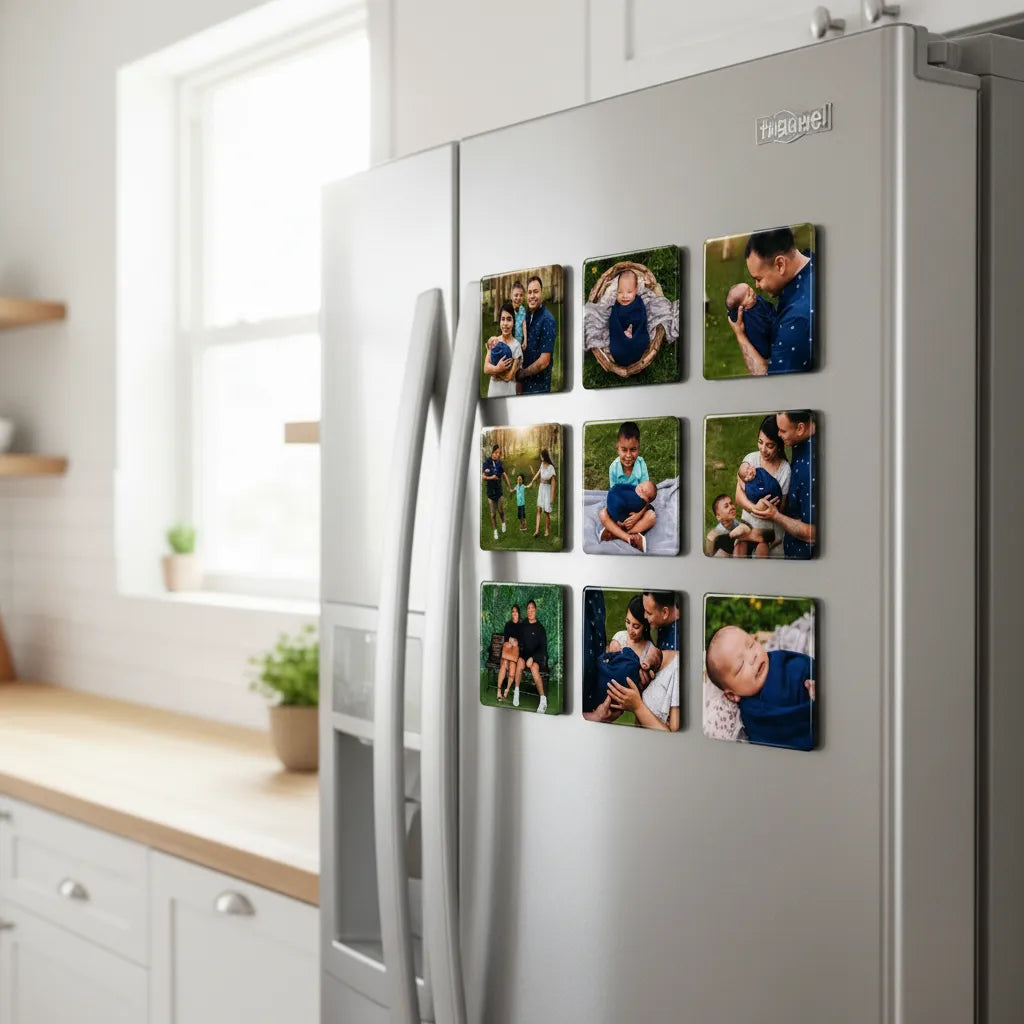 Side angle view of a stainless steel refrigerator decorated with a grid of nine personalized square glossy photo magnets showcasing family travel memories next to a bright window.