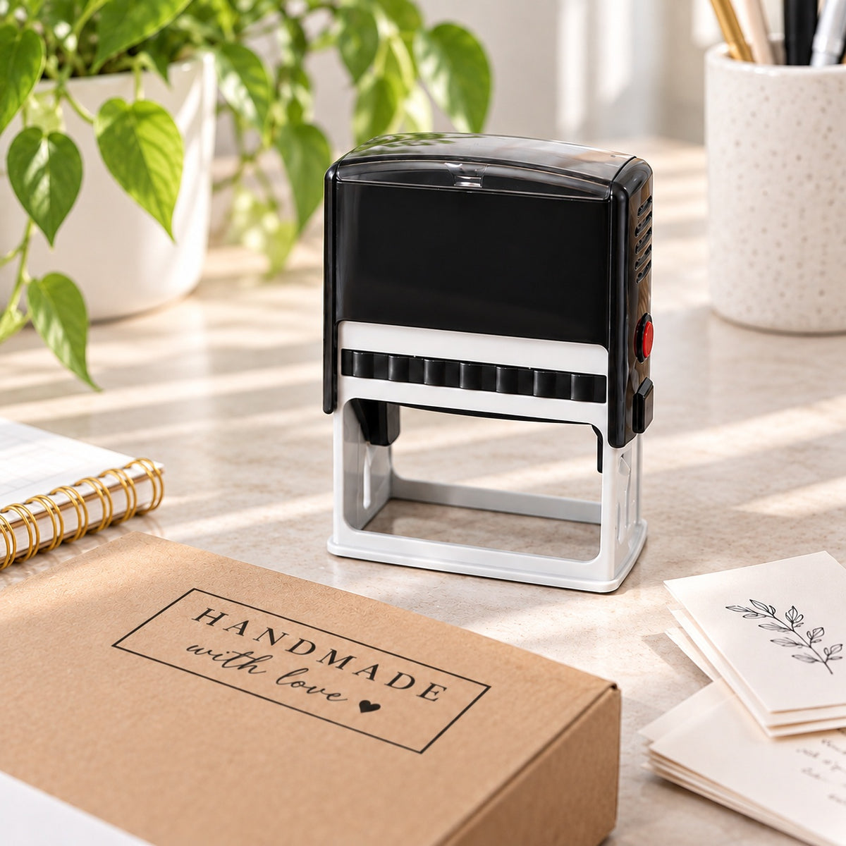 Large rectangular self-inking stamp for custom business logos, packaging labels, and professional document marking.