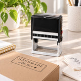 Large rectangular self-inking stamp for custom business logos, packaging labels, and professional document marking.