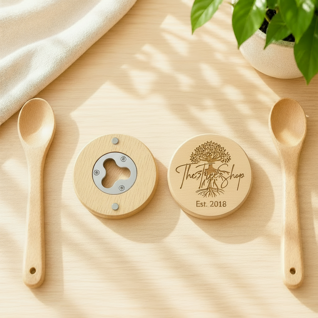 A top-down view of two round custom wood bottle openers displaying the metal insert and a personalized 'The Tree Shop' engraving, styled on a bright table background next to a white fabric cloth and wooden cooking spoons.