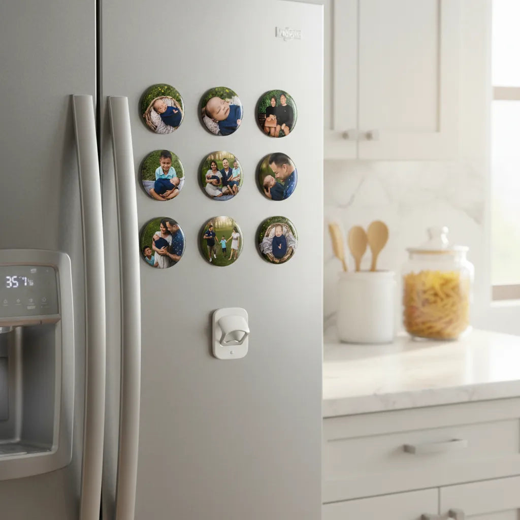 A collection of colorful personalized round photo button pins displayed neatly on the door of a white kitchen refrigerator next to a glass jar.