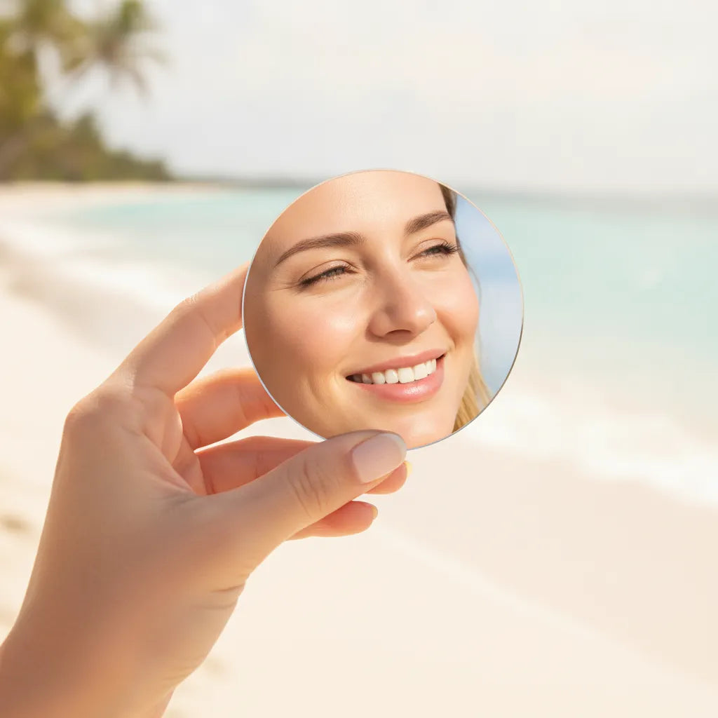 Person holding a custom 2.25-inch round pocket mirror with personalized photo printing, ideal for wedding favors, party favors, promotional giveaways, and custom business branding.