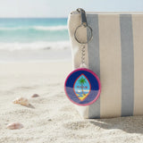 Personalized 1.65-inch round keychain attached to keys, featuring custom full-color printing for corporate giveaways, promotional merchandise, event favors, and everyday use.