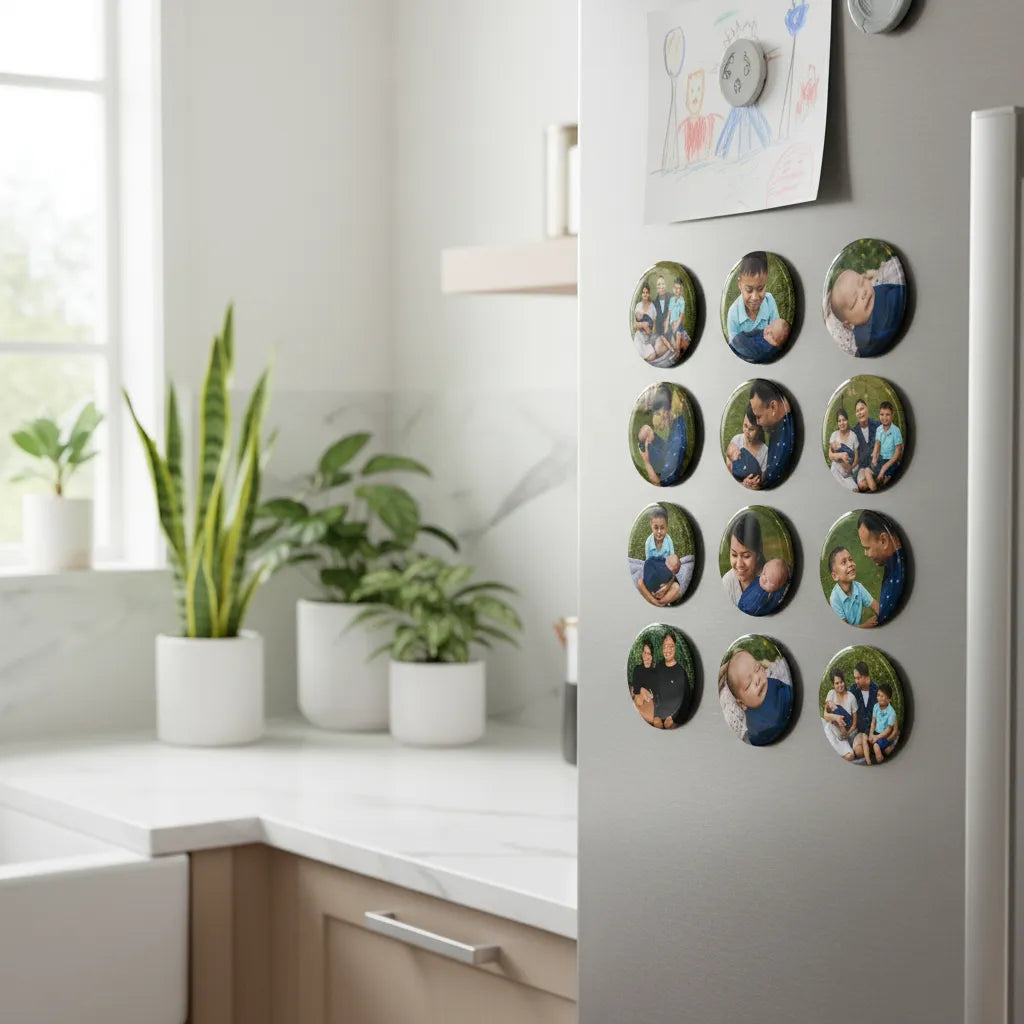 A collection of colorful personalized round photo button magnets arranged in a neat vertical layout on a white refrigerator door in a modern kitchen next to small potted plants.