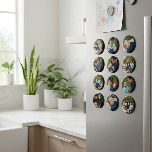 A collection of colorful personalized round photo button magnets arranged in a neat vertical layout on a white refrigerator door in a modern kitchen next to small potted plants.