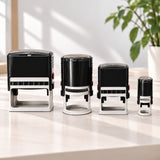 Custom self-inking stamps in multiple sizes for personalized business branding, packaging, and everyday office use.