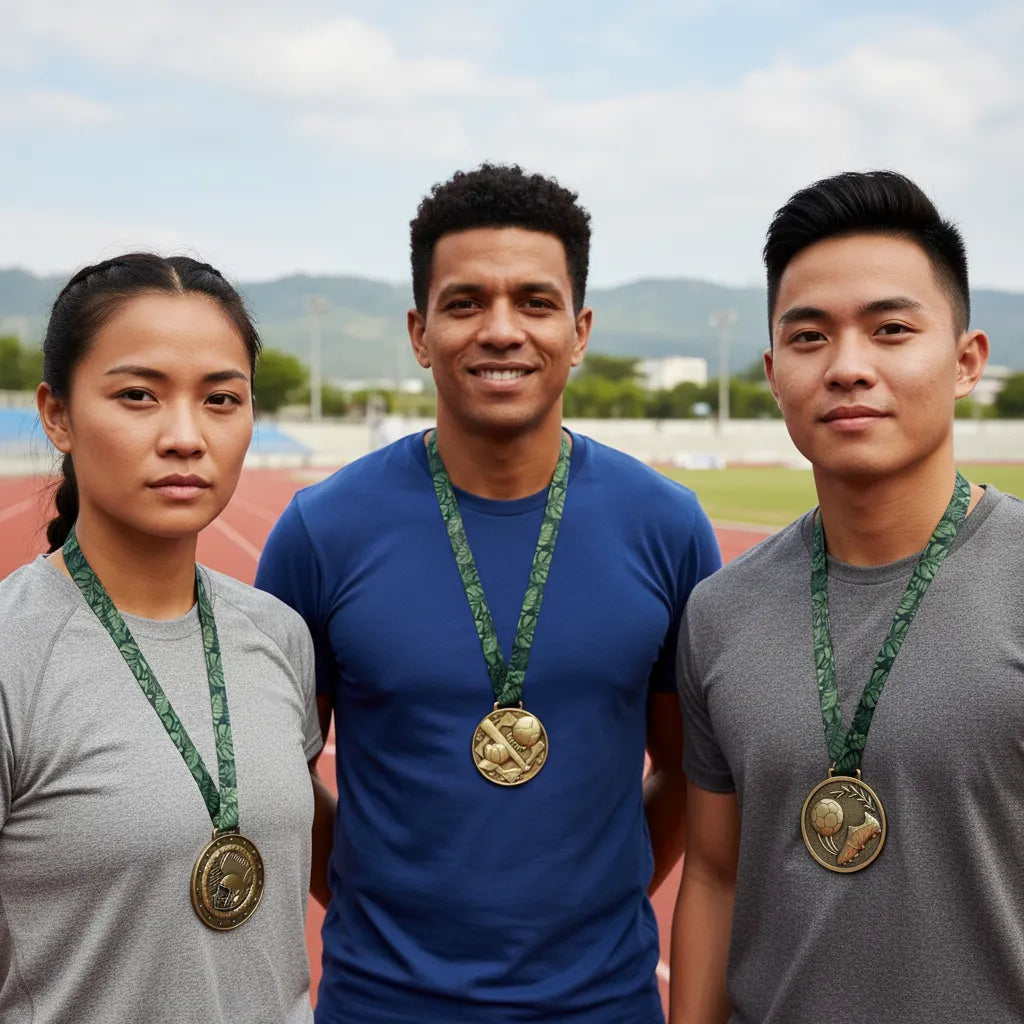 Three focused track and field athletes standing together proudly outdoors at a sports stadium complex while wearing their custom engraved gold tournament championship medallions.