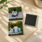 Three 2x2 inch square custom glossy photo magnets showing personalized family and child portrait pictures alongside a blank black magnetic back side, displayed on a light wooden table surface under soft shadows.