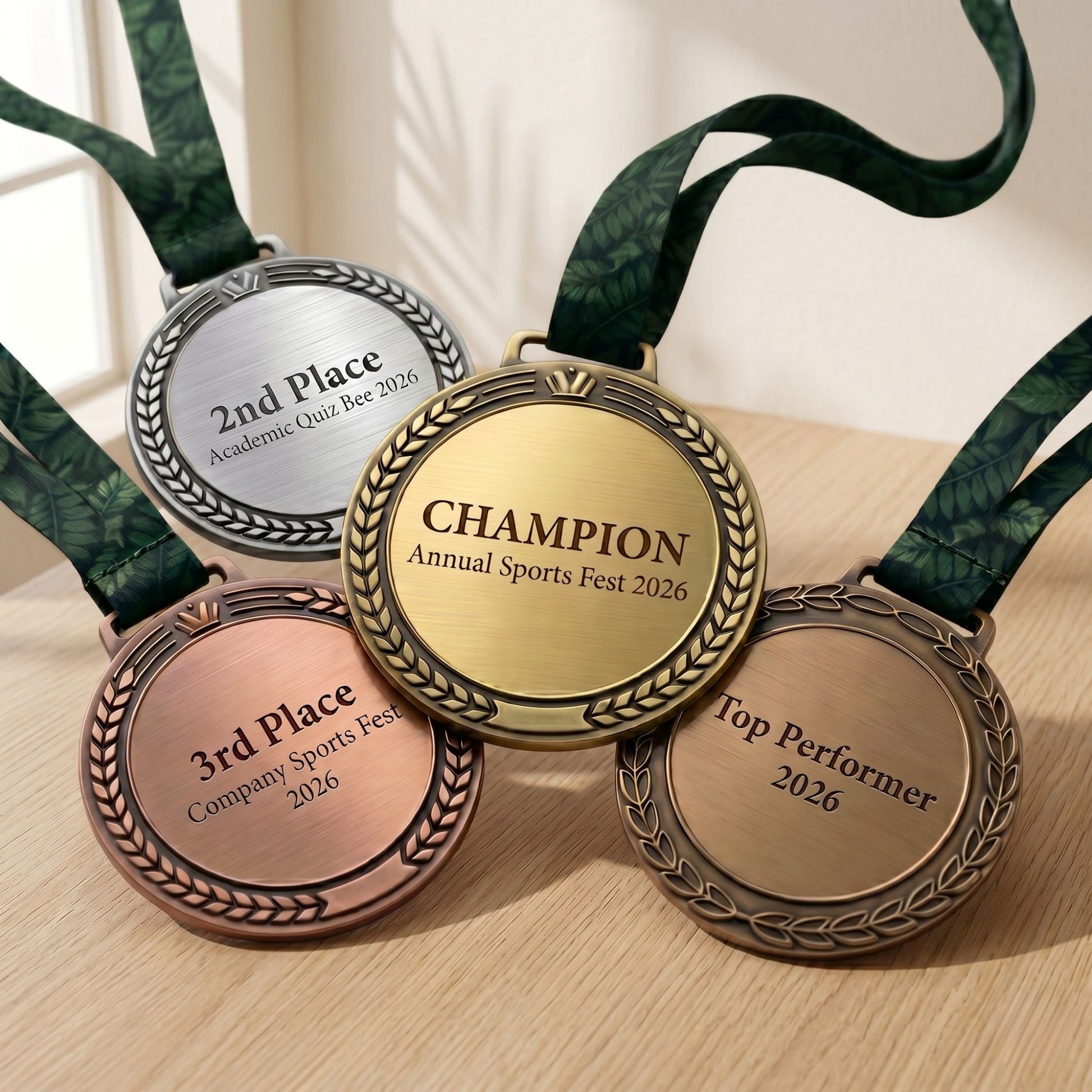 Four custom double-sided zinc alloy award medallions in antique silver, bright gold, and classic bronze with personalized engravings like Champion and 2nd Place, styled with patterned green neck ribbons on a wooden surface.