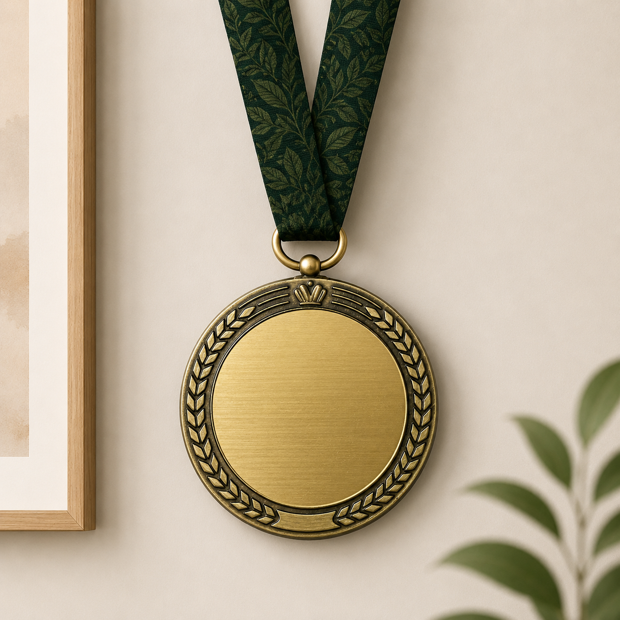 Gold medal with a black-and-gold laurel wreath border and dark green neck ribbon.