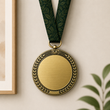 Gold medal with a black-and-gold laurel wreath border and dark green neck ribbon.