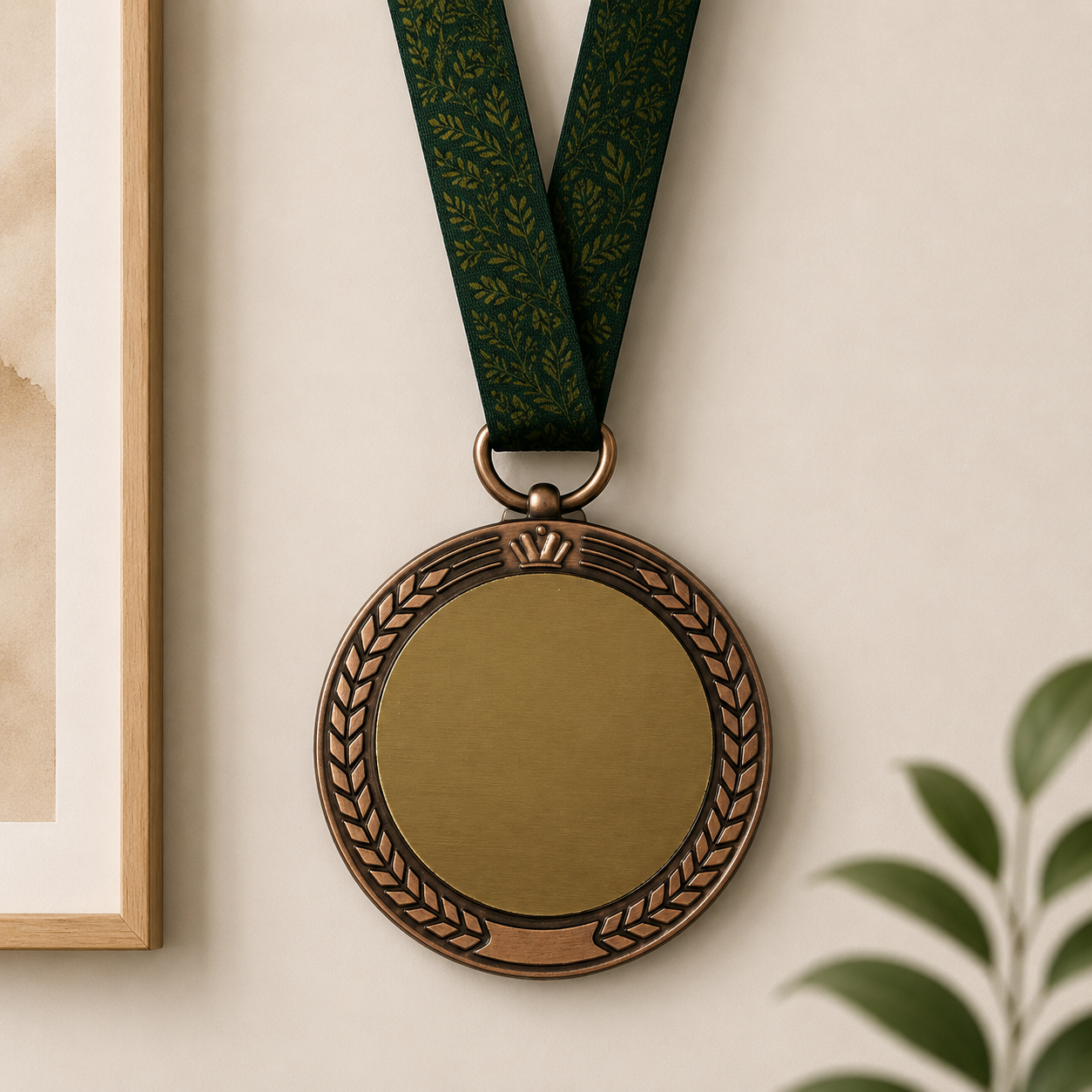 Gold medal with a bronze laurel wreath border and dark green neck ribbon.