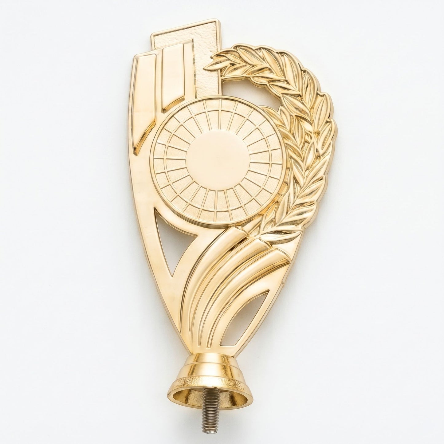 A premium gold trophy topper component featuring a central blank round medallion disk accented by a prominent number one ribbon banner on the top left and an elegant climbing laurel leaf wreath on the right.