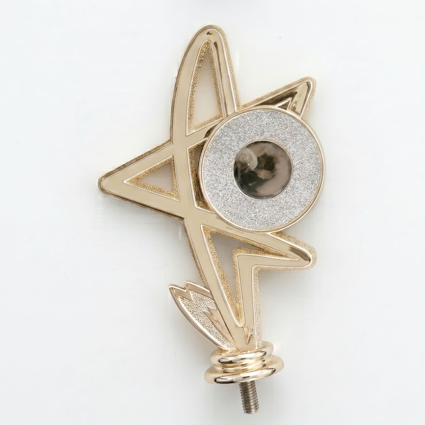 Slanted gold star trophy topper featuring a glittery silver inset for a premium look.