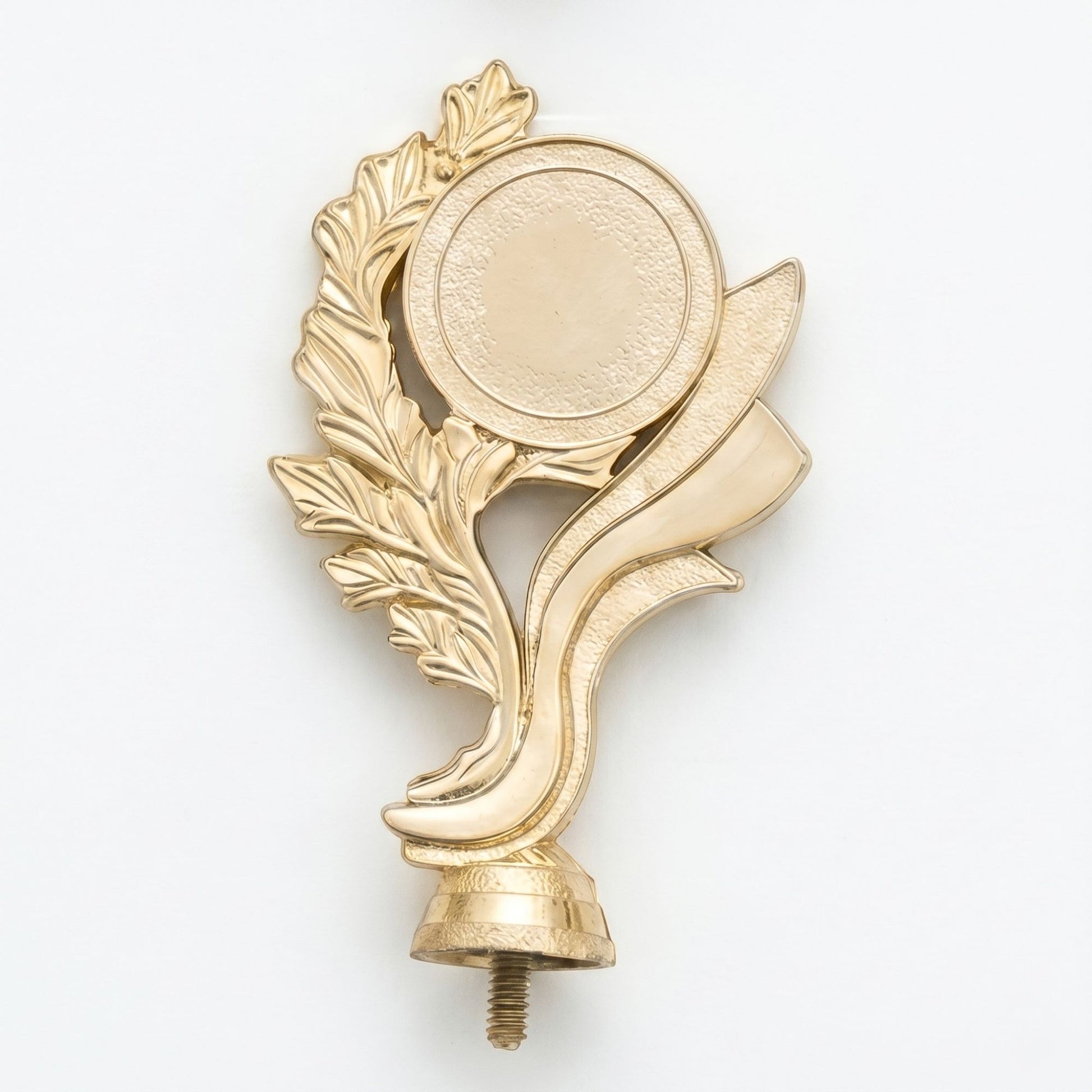 Elegant gold leaf scroll trophy topper with a round emblem space for personalized engraving.